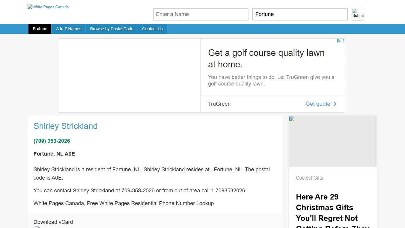 Shirley Strickland, 709-353-2026, 7093532026, Fortune, A0E, White Pages Canada